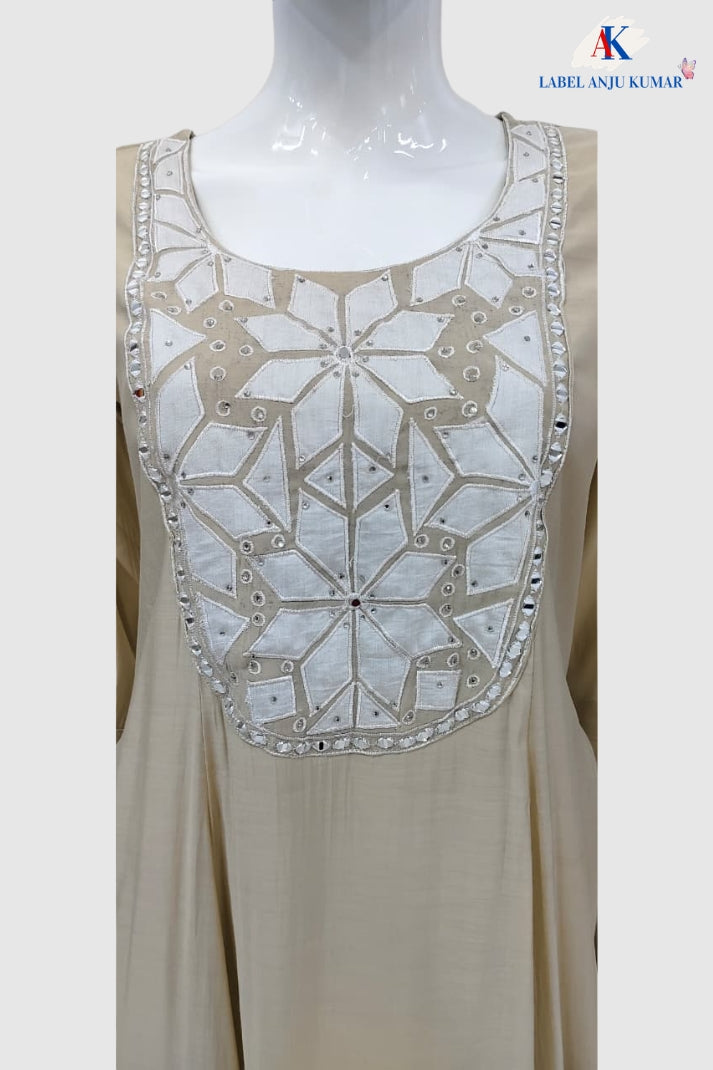 Beige Premium Mal Chanderi Full Ghera Anarkali Suit with Mirror Work