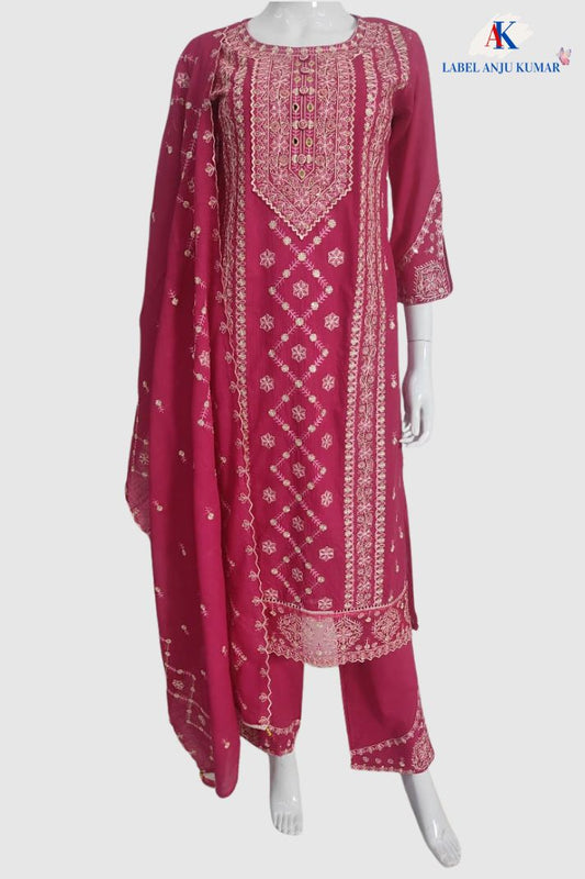 Magenta Pure Cotton Chikankari & Mirror Work Straight Suit Dupatta Set