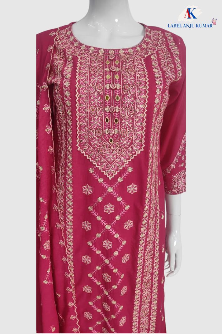 Magenta Pure Cotton Chikankari & Mirror Work Straight Suit Dupatta Set