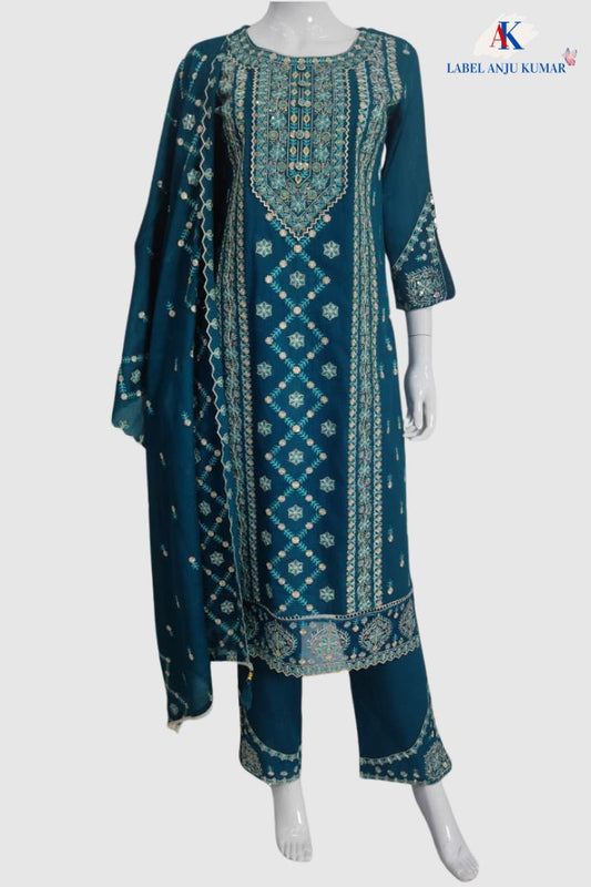 Sky Blue Pure Cotton Chikankari Mirror Work Straight Suit Set