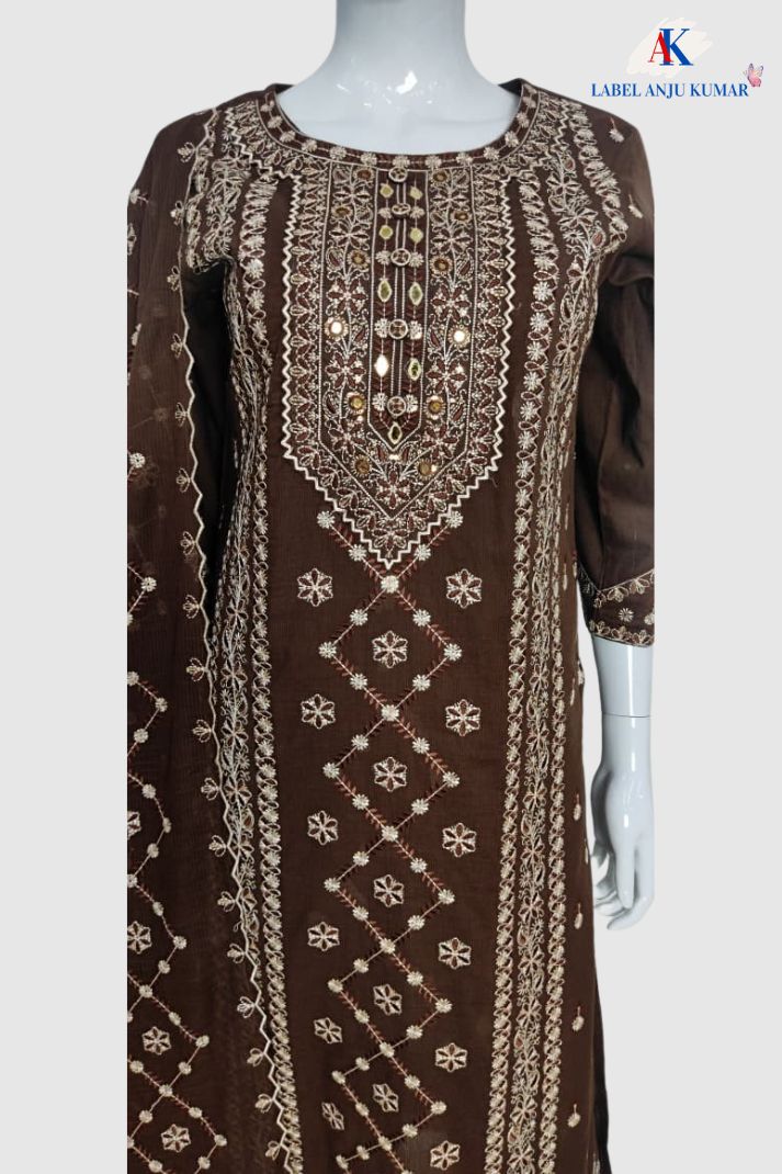 Brown Pure Cotton Chikankari Mirror Work Straight Suit with Dupatta