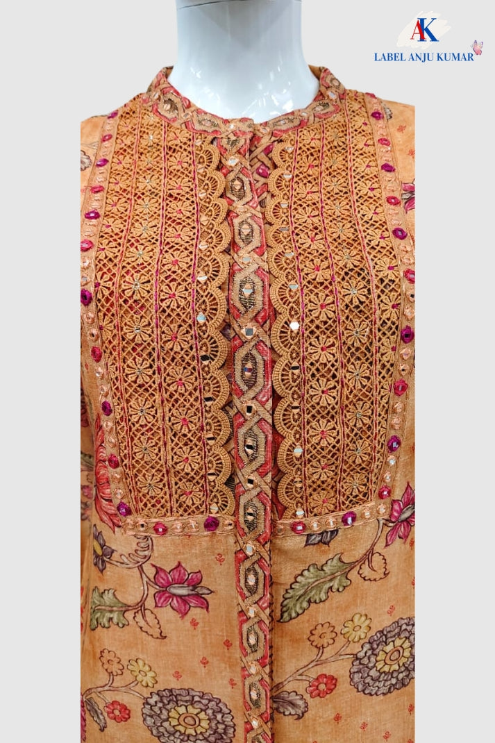 Peach Premium Pure Linen A-Line Suit with Mirror & Thread Work and Digital Print Dupatta