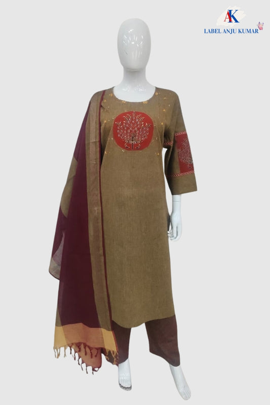 Mouse Pure Handloom Cotton Straight Suit with Handblock & Dori Work