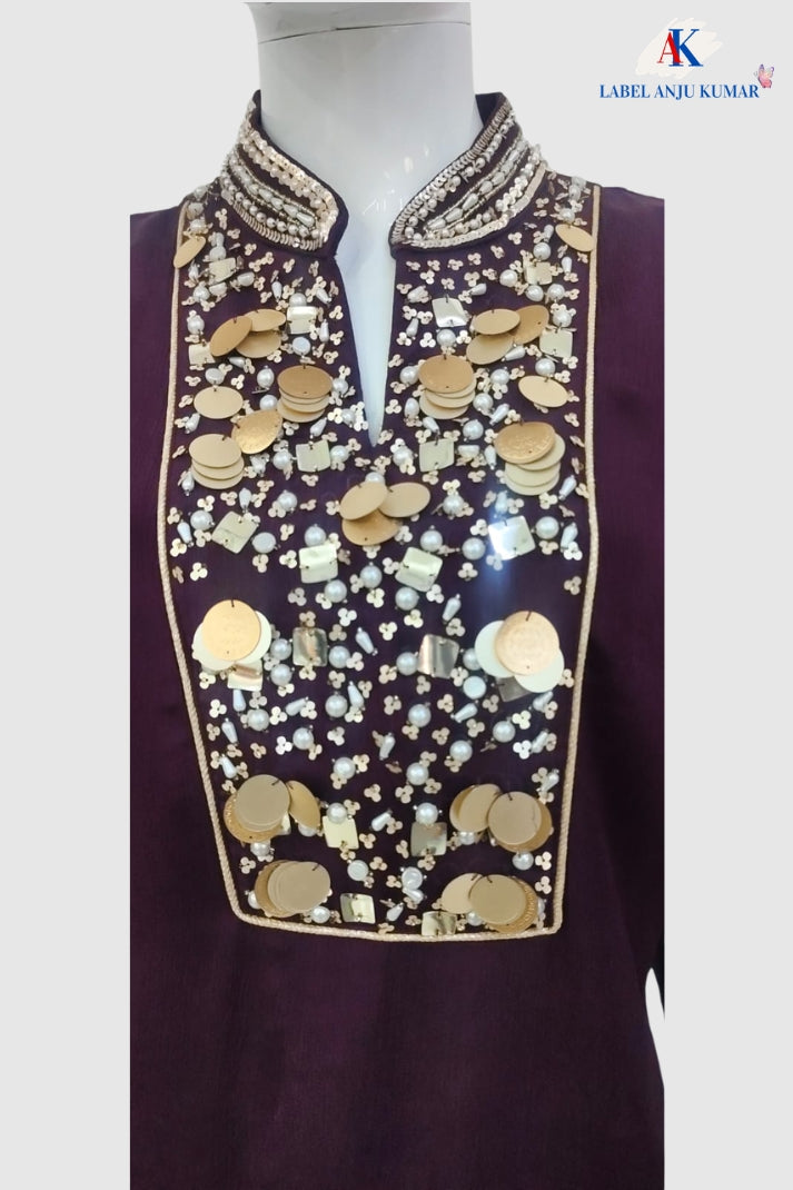 Dark Wine Premium Pure Chinon Indo-Western Co-ord Set with Handwork