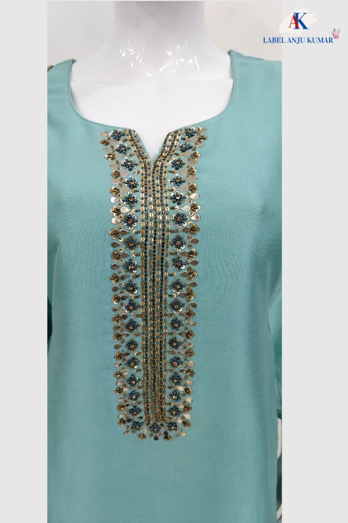 Sky Blue Premium Crape Silk Straight Suit with Zardozi Work & Organza Dupatta