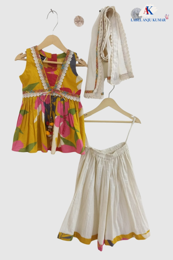 Off White Pure Cotton Sharara Set for Girls with Lace & Net Dupatta