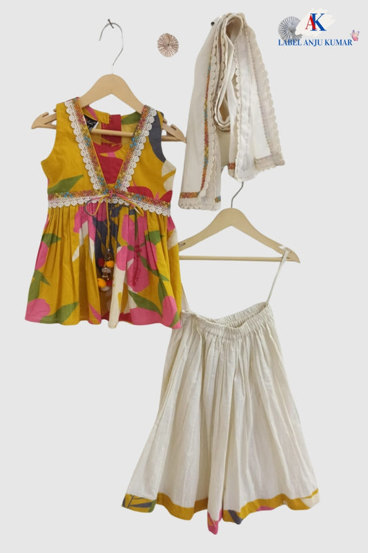 Off White Pure Cotton Sharara Set for Girls with Lace & Net Dupatta