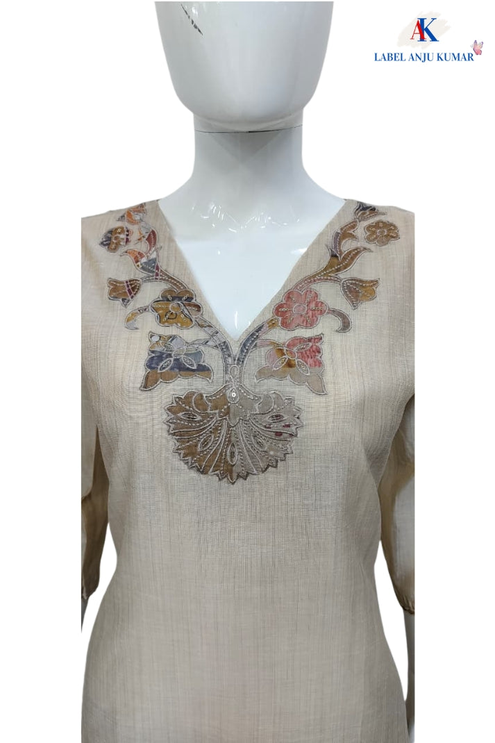 Light Beige Pure Cotton Jamdani Straight Suit with Printed Dupatta & Potli Purse