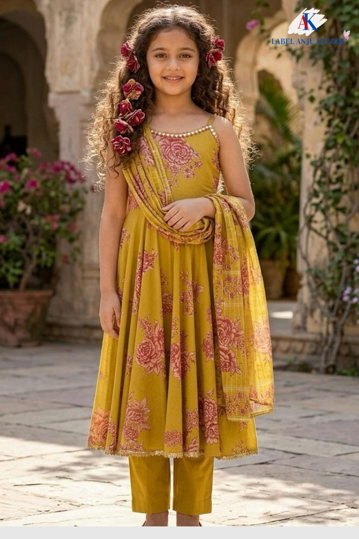 Mustard Pure Cotton Girls Anarkali Suit Set with Dupatta
