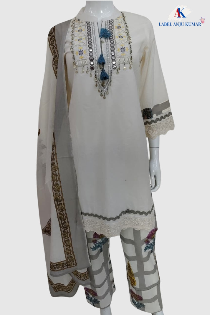 Grey Malmal Cotton Co-ord Set with Thread Embroidery