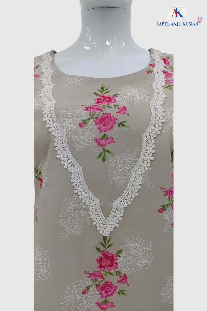 Beige Pure Cotton Co-ord Set with Lace Work