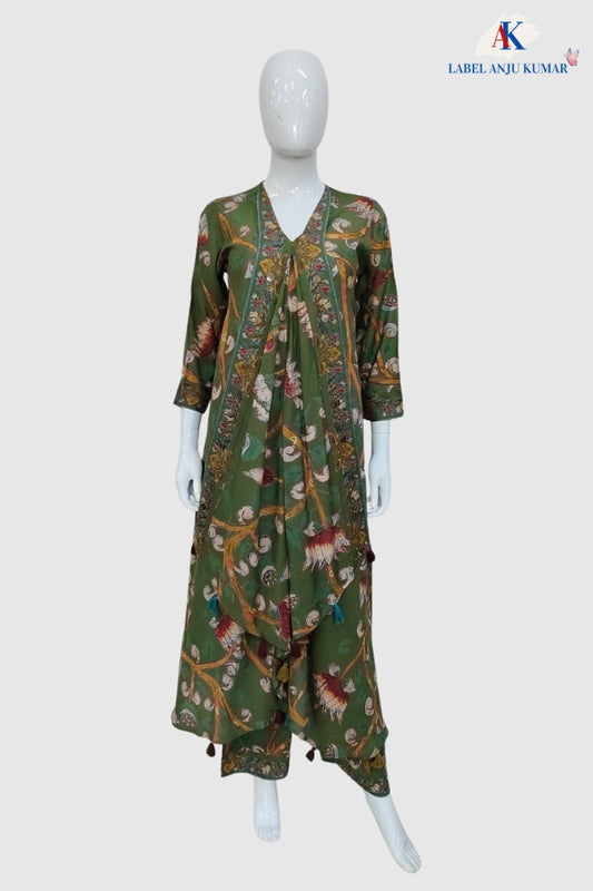 Mehendi Green Pure Crepe Printed Indo-Western Co-ord Set