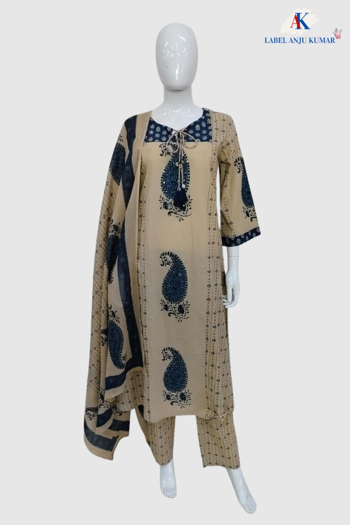 Blue Pure Cotton A-Line Suit Dupatta Set with Traditional Print