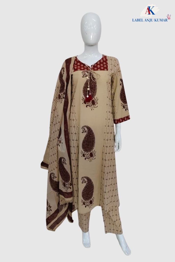 Mehroon Pure Cotton A-Line Suit Dupatta Set for Women