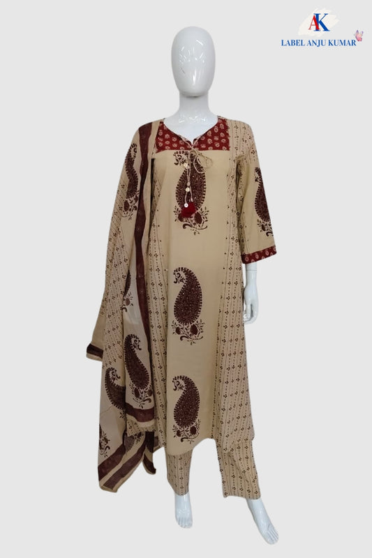 Mehroon Pure Cotton A-Line Suit Dupatta Set for Women