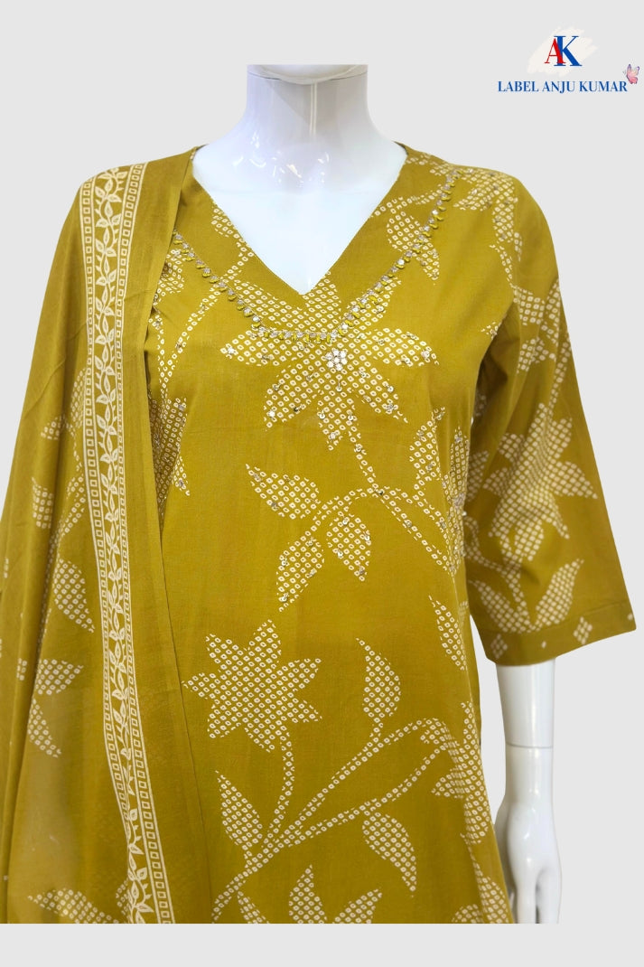 Mustard Cotton Printed Straight Suit Dupatta Set with Embroidery Highlight on Neck Yolk | Label Anju Kumar