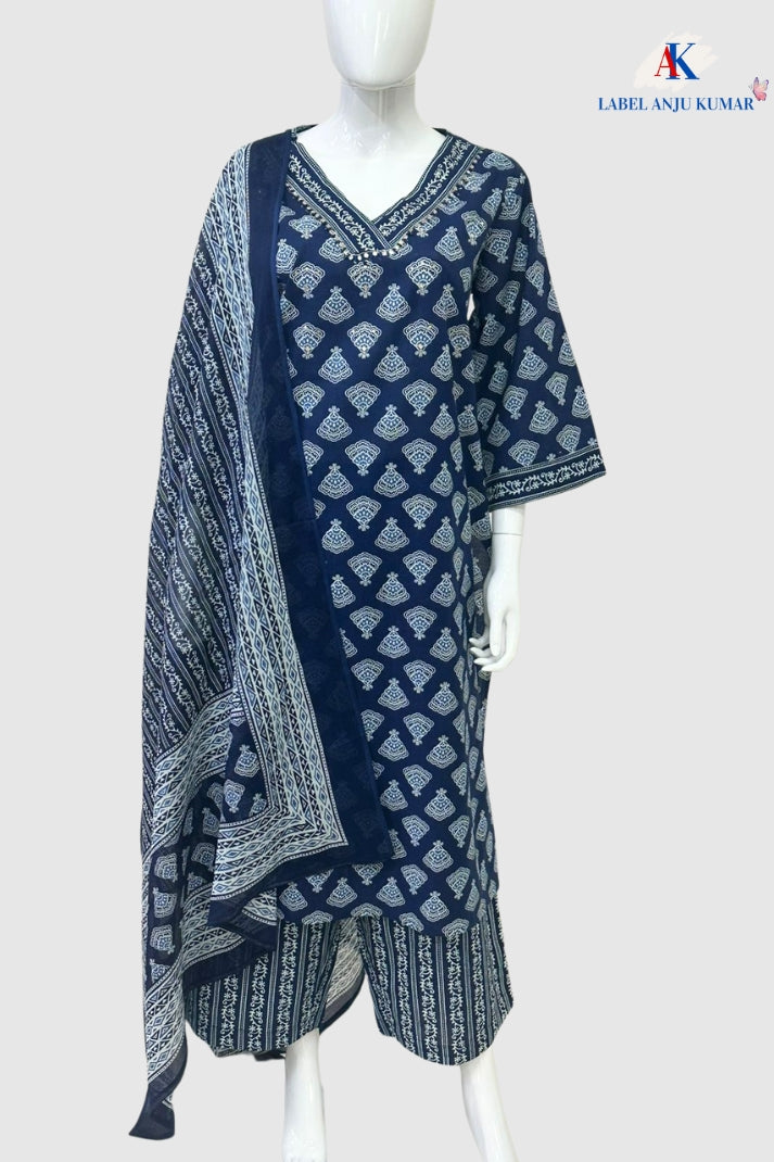 Blue Cotton Printed Straight Suit Dupatta Set – V-Neckline with Embroidery Highlight | Label Anju Kumar