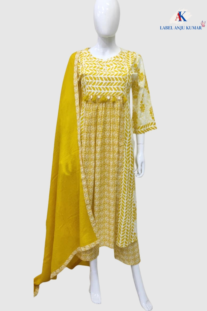 Yellow Cotton Printed Suit Dupatta Set with Embroidered Neck & Malmal Dupatta – Label Anju Kumar