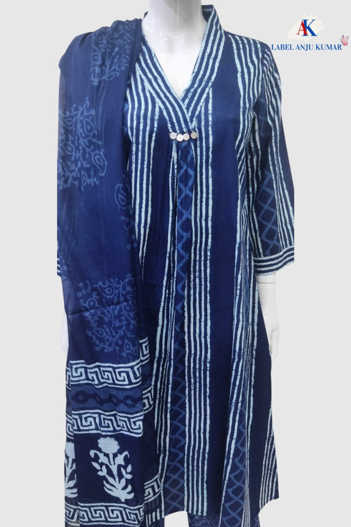 Blue A LINE Pleated Cotton Print Suit Dupatta Set | Label Anju Kumar
