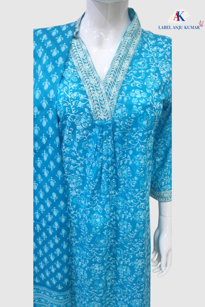 Ferozi Printed Cotton A-Line Suit Dupatta Set with Pockets & Thread Work | Label Anju Kumar