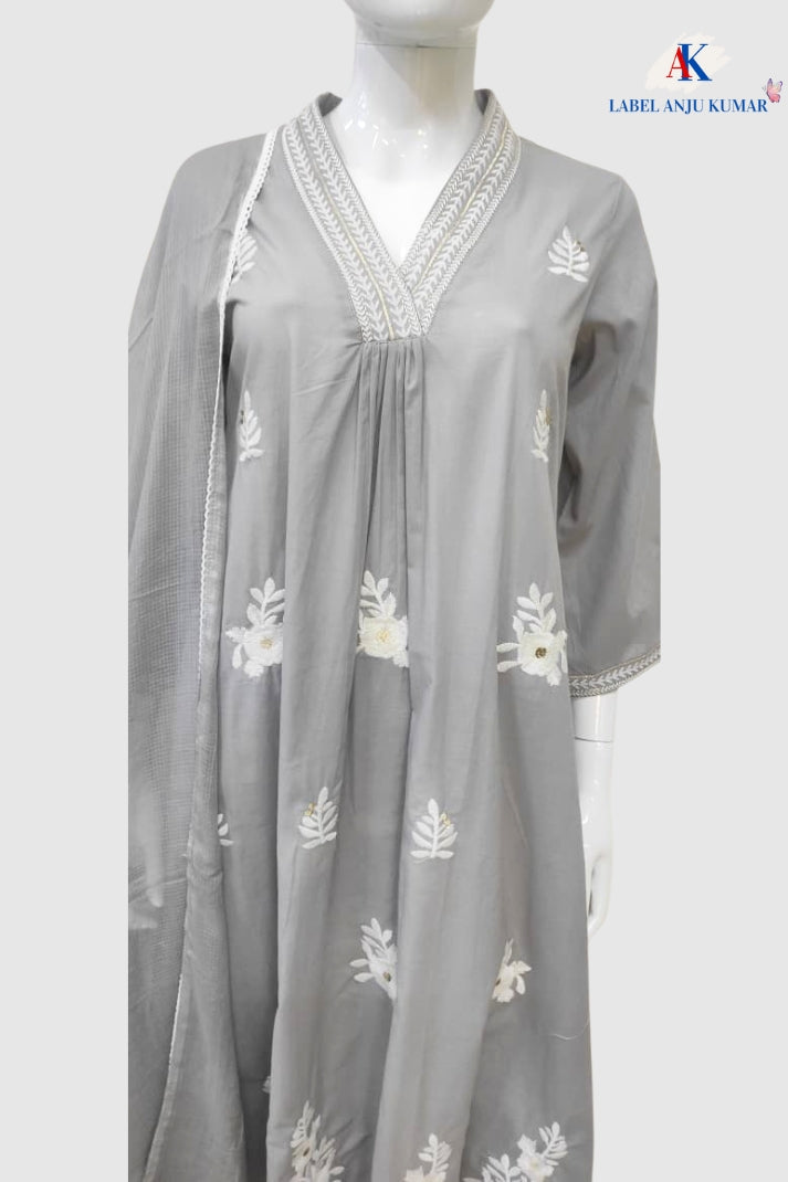 Grey Cotton A-Line Suit Dupatta Set with Thread Embroidery & Pockets | Label Anju Kumar