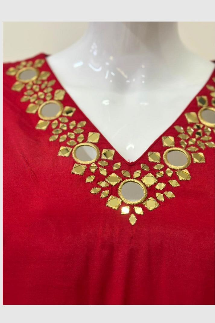 Red Muslin Mirror Work Embroidered Coord Set – Semi Formal Women’s Ethnic Wear
