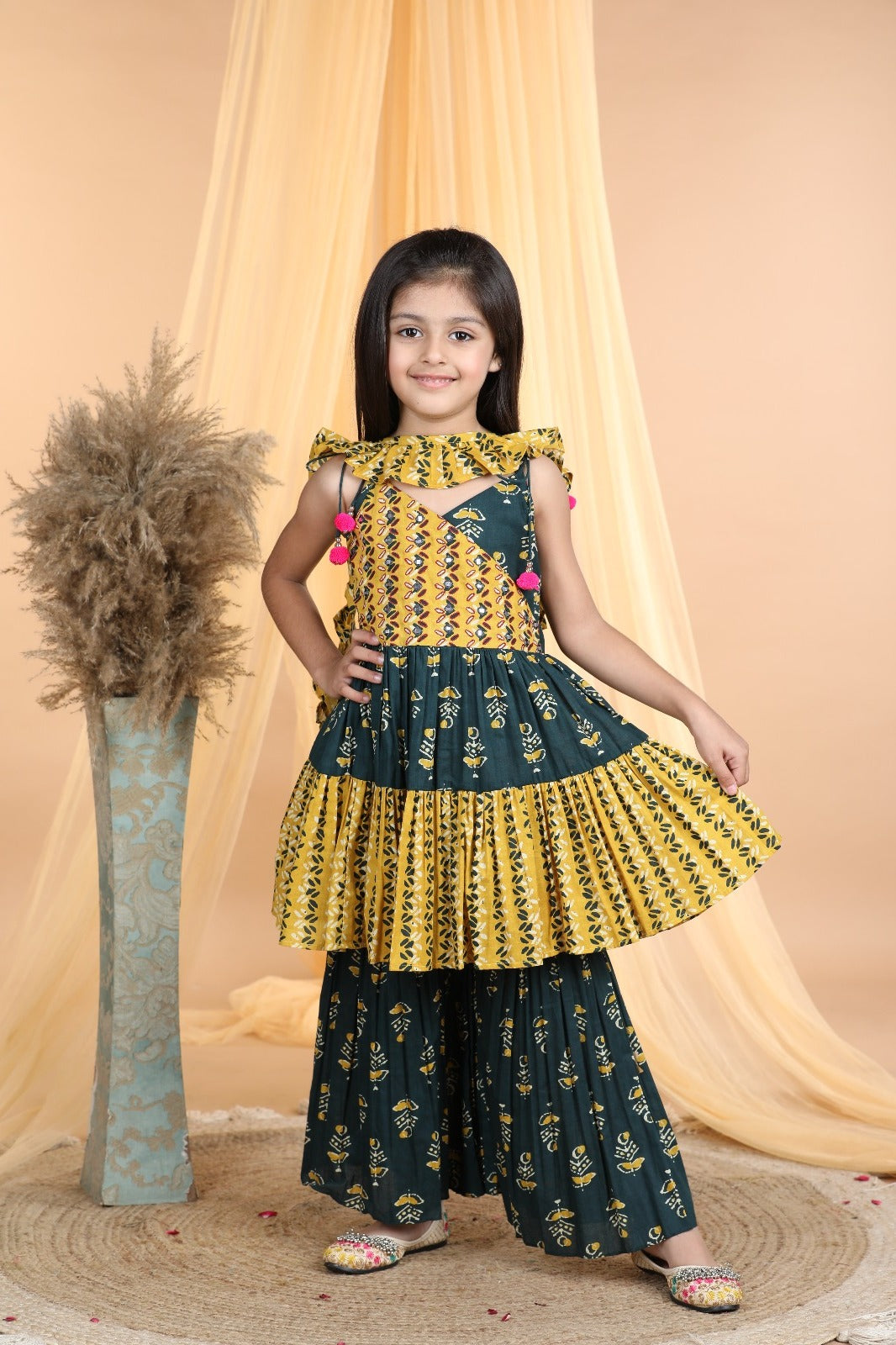 Vibrant Yellow & Green Printed Pure Cotton Sharara Set with Dupatta for Girls
