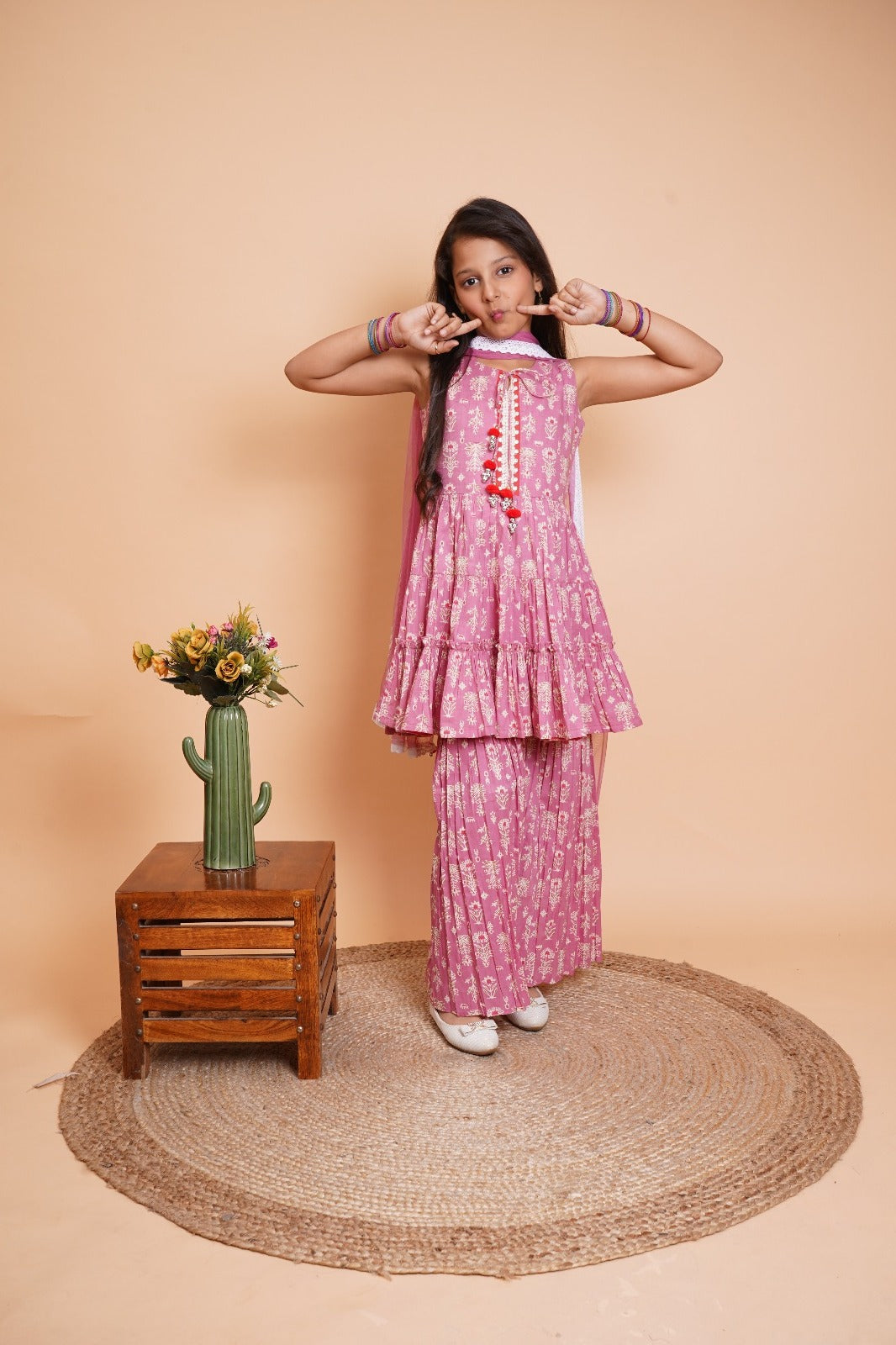 Onion Pastel Pink Printed Pure Cotton Sharara Set with Dupatta for Girls