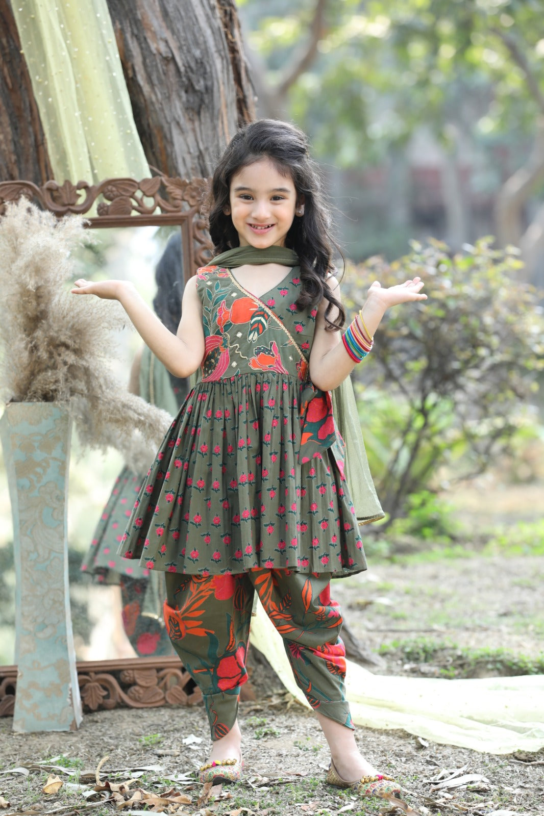 Green Printed Pure Cotton Dhoti Set for Girls