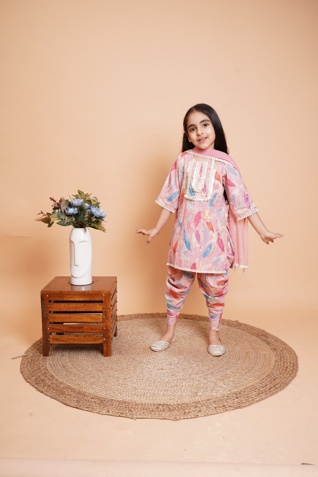 Pastel Pink Printed Pure Cotton Dhoti Set with Dupatta for Girls