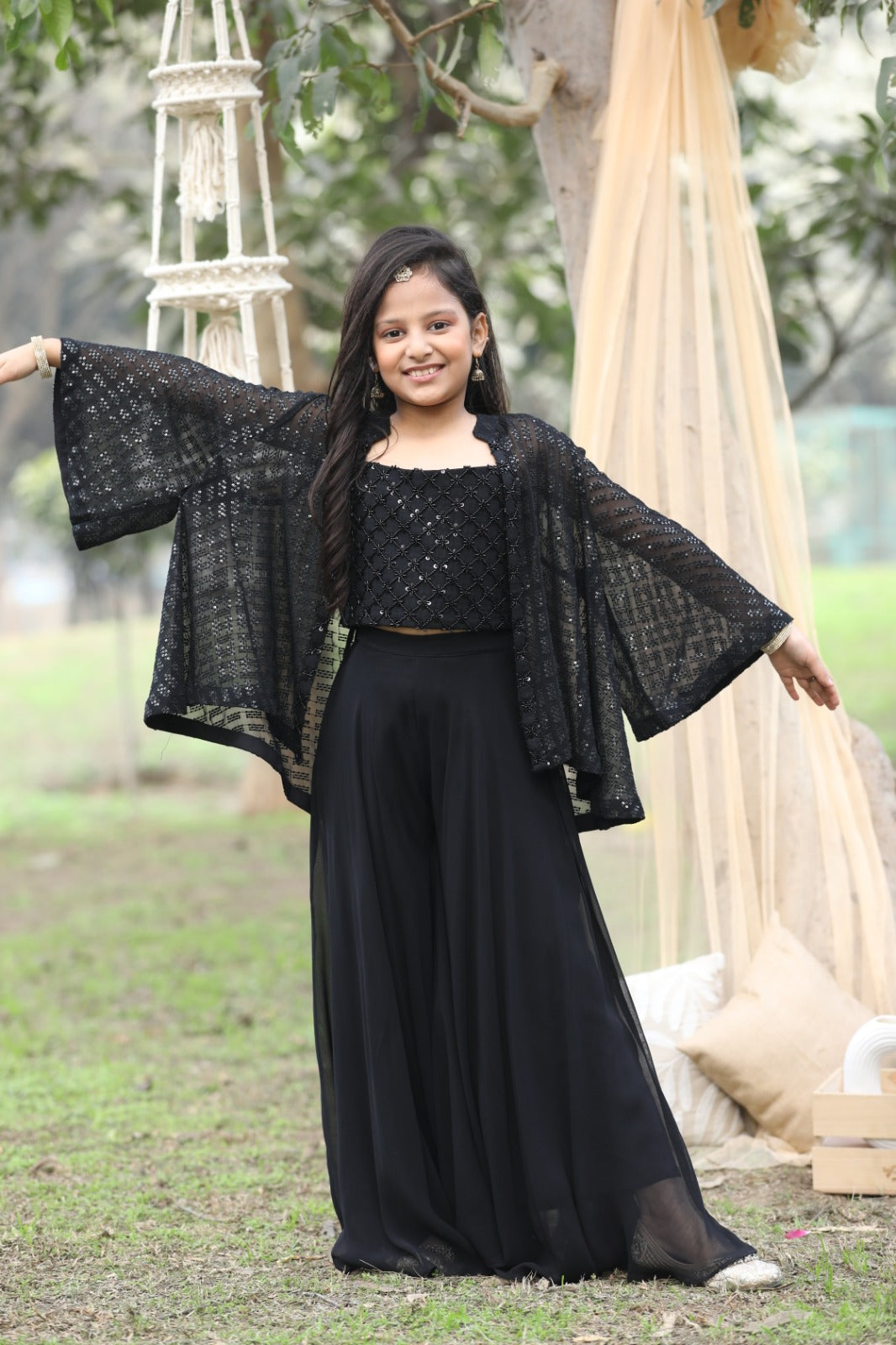 Black Georgette Fusion Crop Top with Jacket, Sharara & Dupatta for Girls