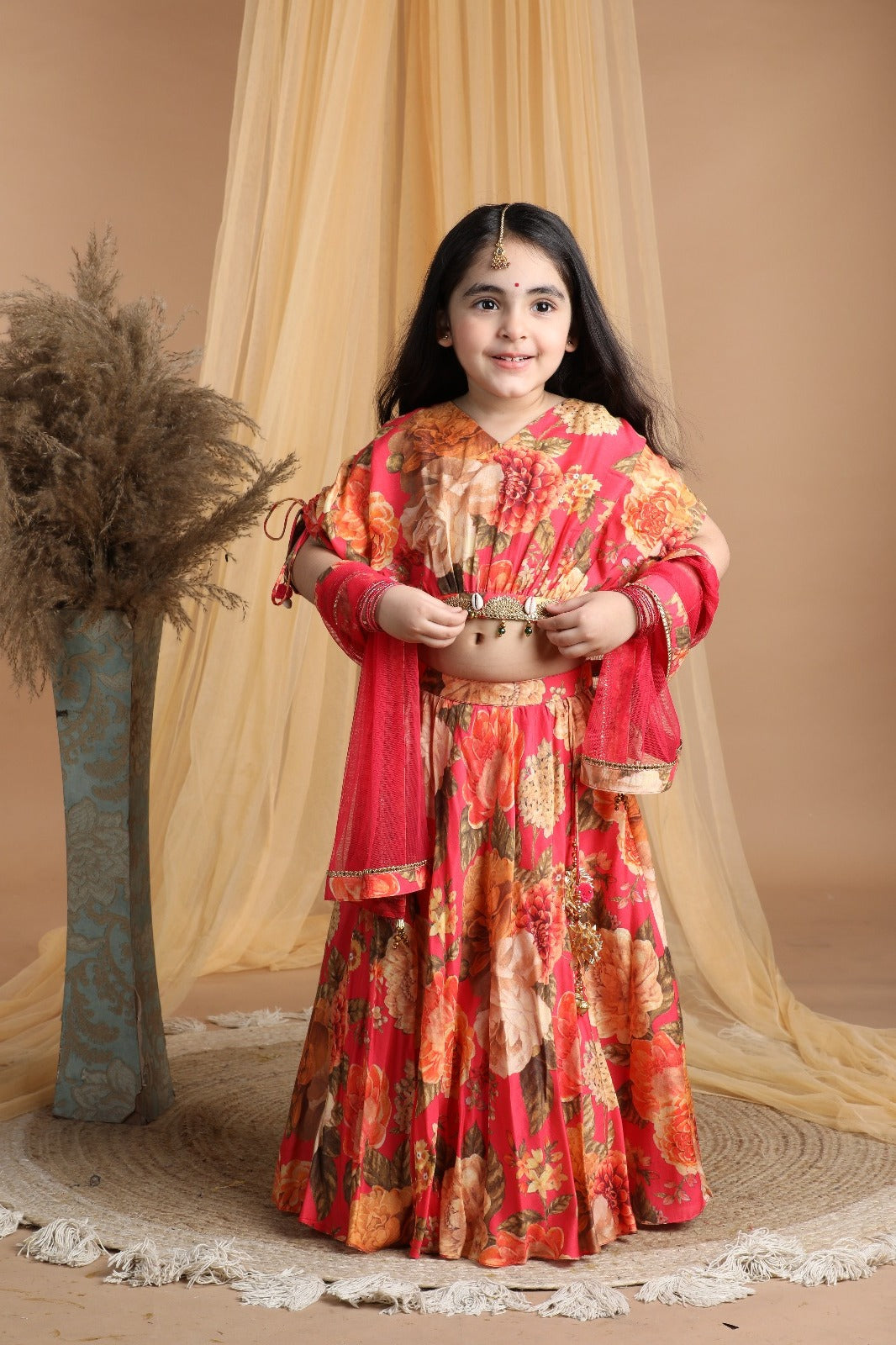 Bright Pink Floral Printed Pure Muslin Lehenga Choli Dupatta Set for Girls