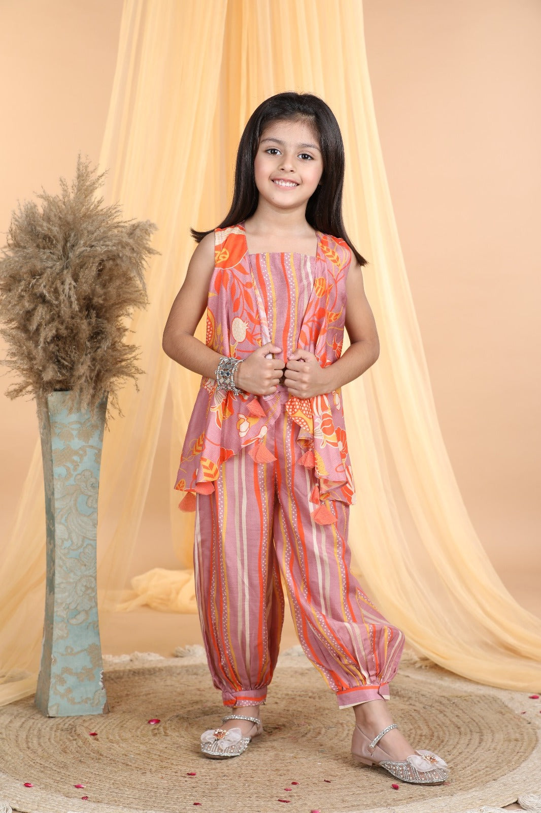 Onion Pink Printed Pure Muslin Indo-Western Crop Top with Shrug & Afghani Salwar Set for Girls