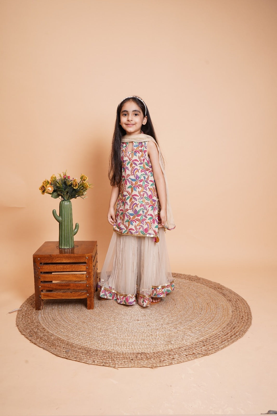 Off White Sharara Set with Dupatta – Heavy Multi-Coloured Embroidered in Chinon for Girls