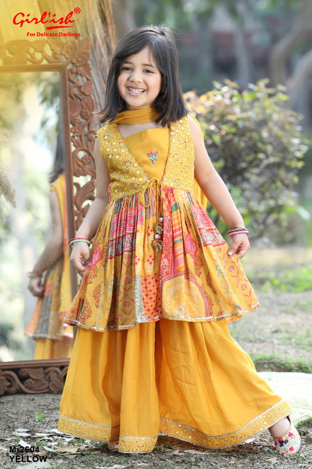 Yellow Digital Print Pure Muslin Indo-Western Ensemble – Crop Top with Jacket, Sharara & Dupatta for Girls (Top Seller)