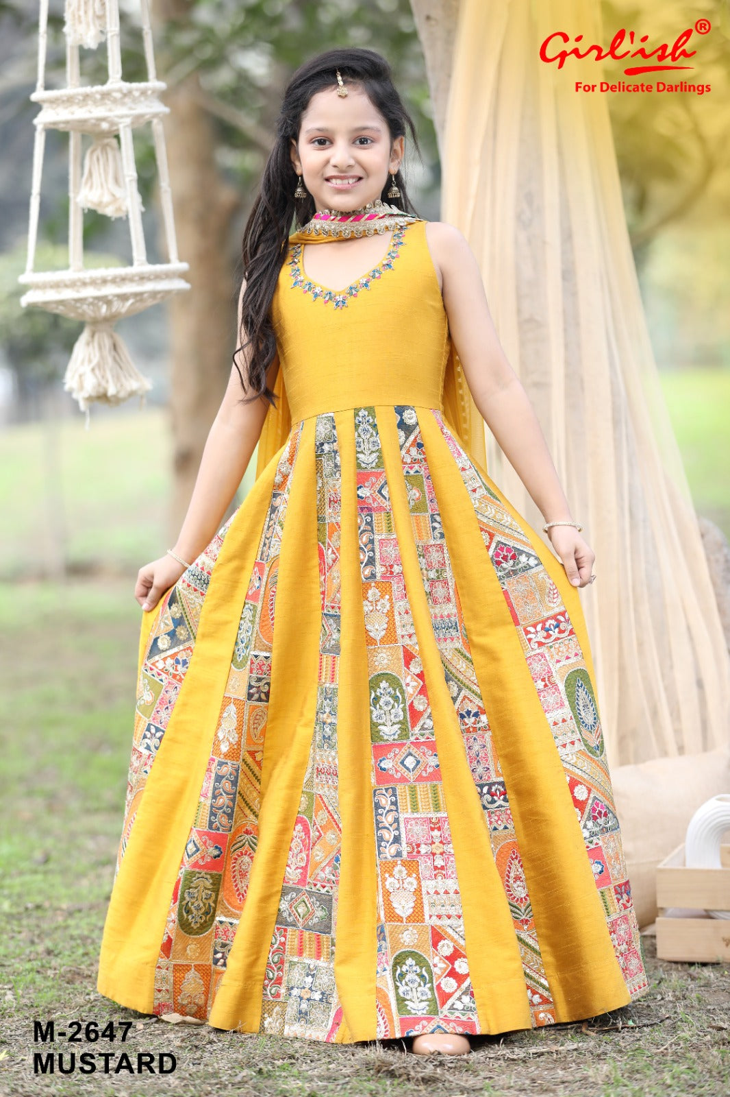 Mustard Yellow Raw Silk One-Piece Gown Dress with Dupatta for Girls