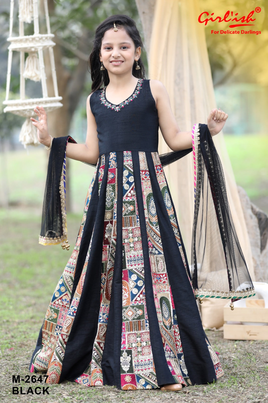 Black Raw Silk One-Piece Gown Dress with Dupatta for Girls