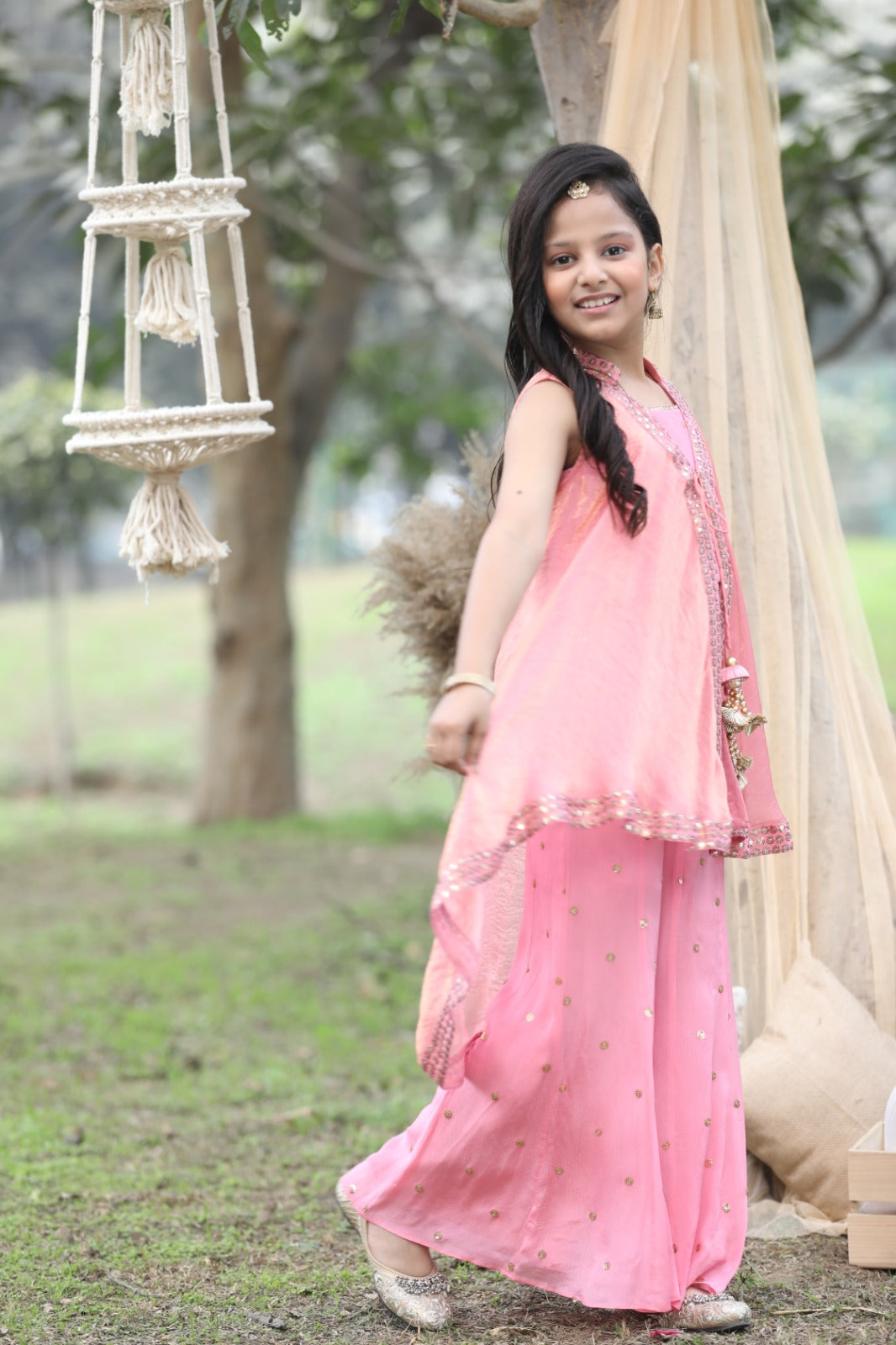 Pink Indo-Western Ethnic Crop Top with Jacket , Sharara & Dupatta for Girls – Top Seller