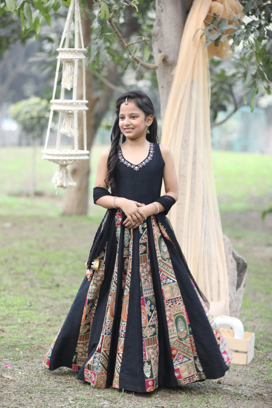 Black Raw Silk One-Piece Gown Dress with Dupatta for Girls