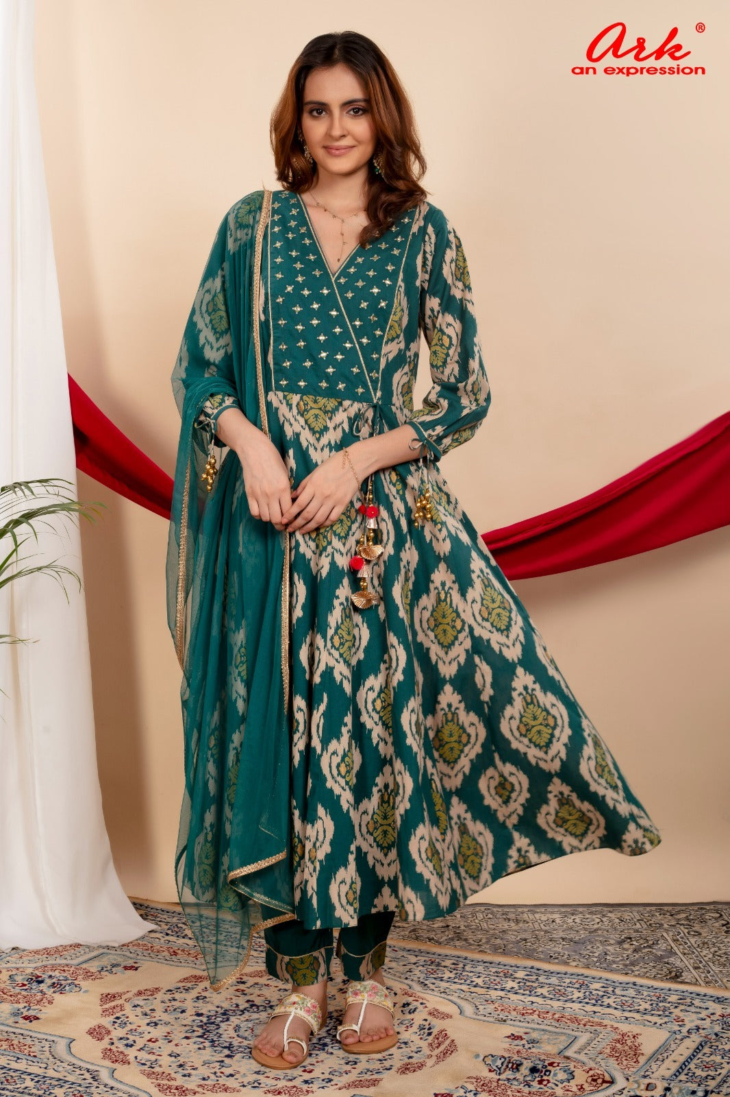 Green Pure Cotton Printed Anarkali Suit Dupatta Set with Thread Work Yoke | Label Anju Kumar
