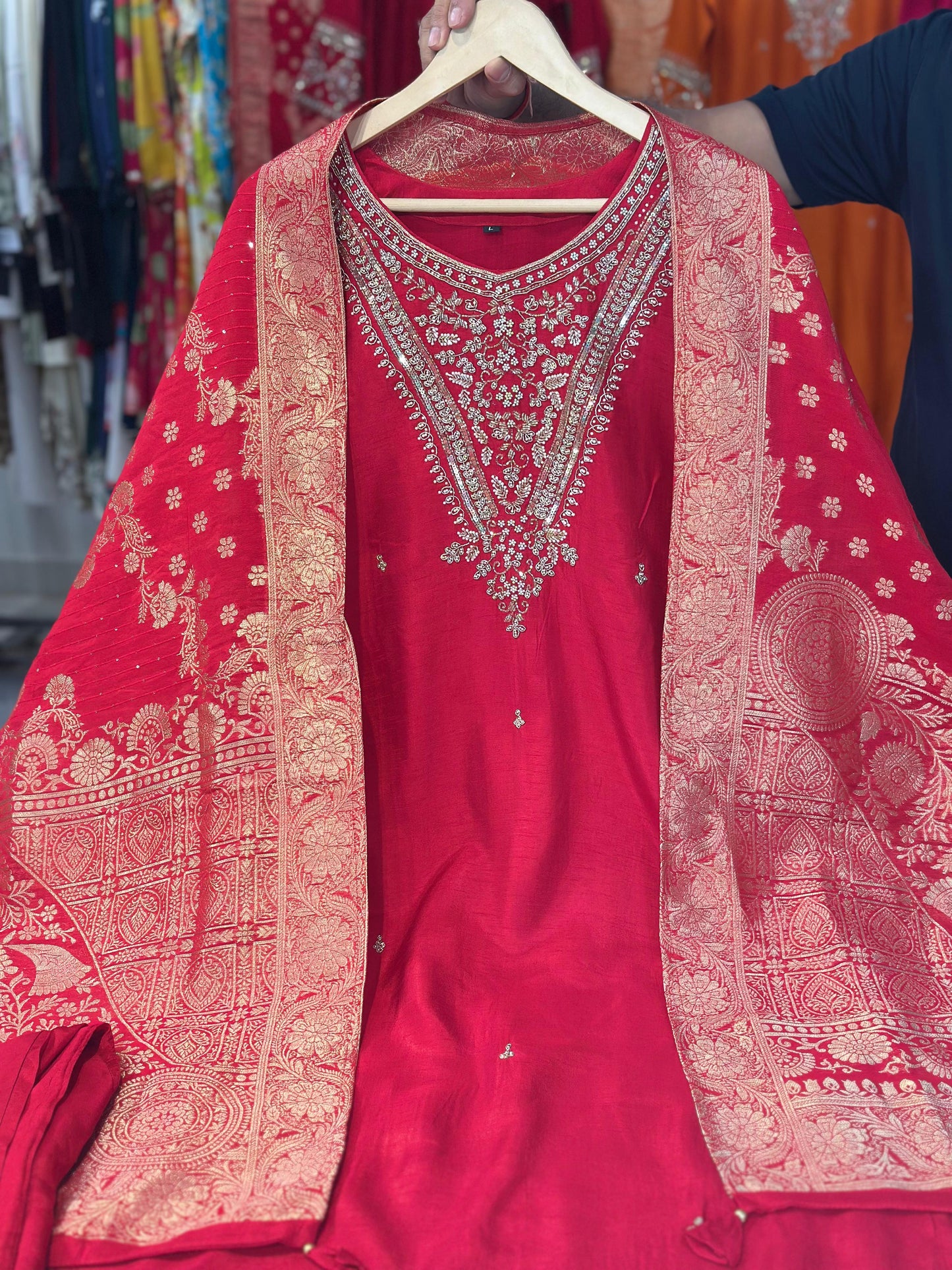 Red Silk Suit Dupatta Set with Banarasi Dupatta | Label Anju Kumar