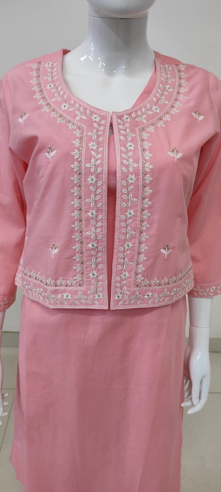 Pink Pure Cotton Coord Set with Short Shrug & Thread Embroidery | Label Anju Kumar
