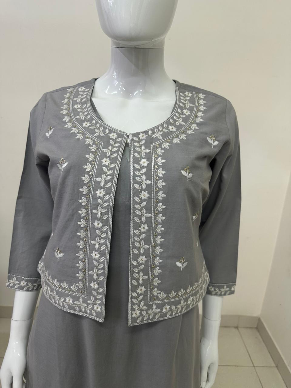Grey Pure Cotton Coord Set with Short Shrug & Thread Embroidery | Label Anju Kumar