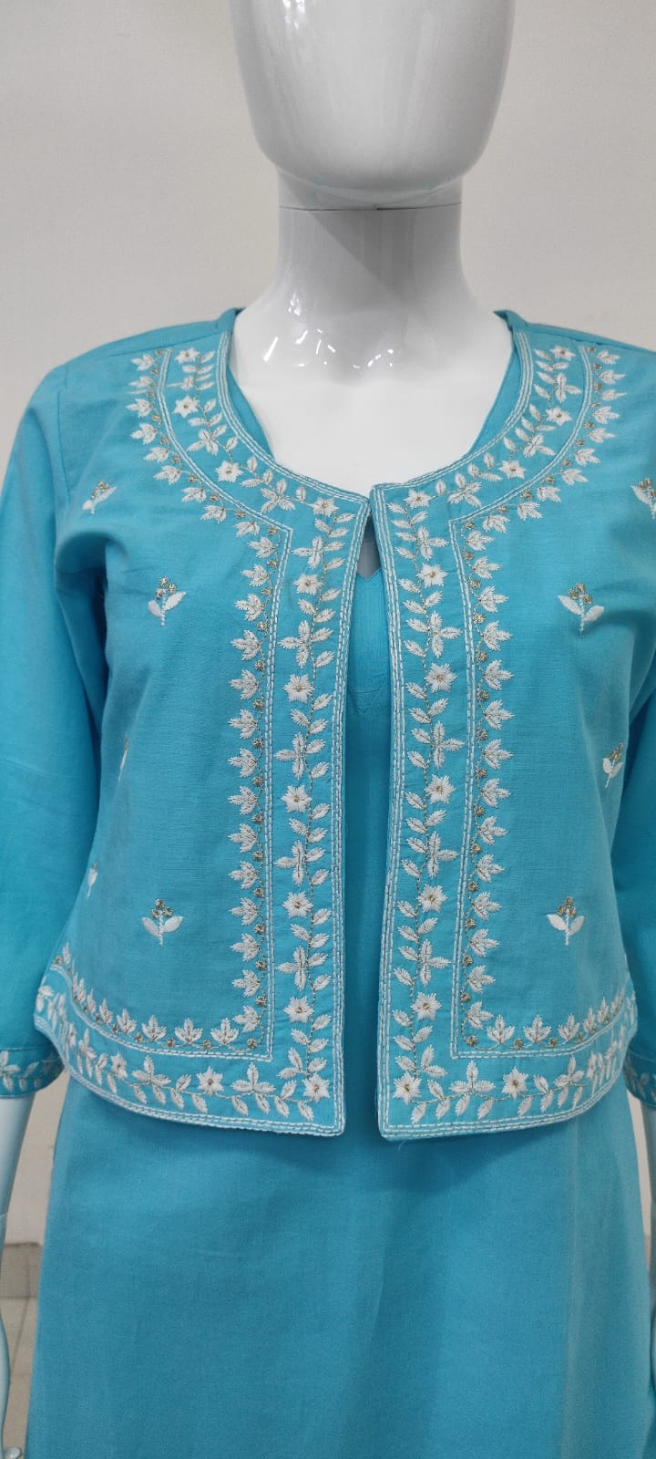 Ferozi Sky Pure Cotton Coord Set with Short Shrug & Thread Embroidery | Label Anju Kumar