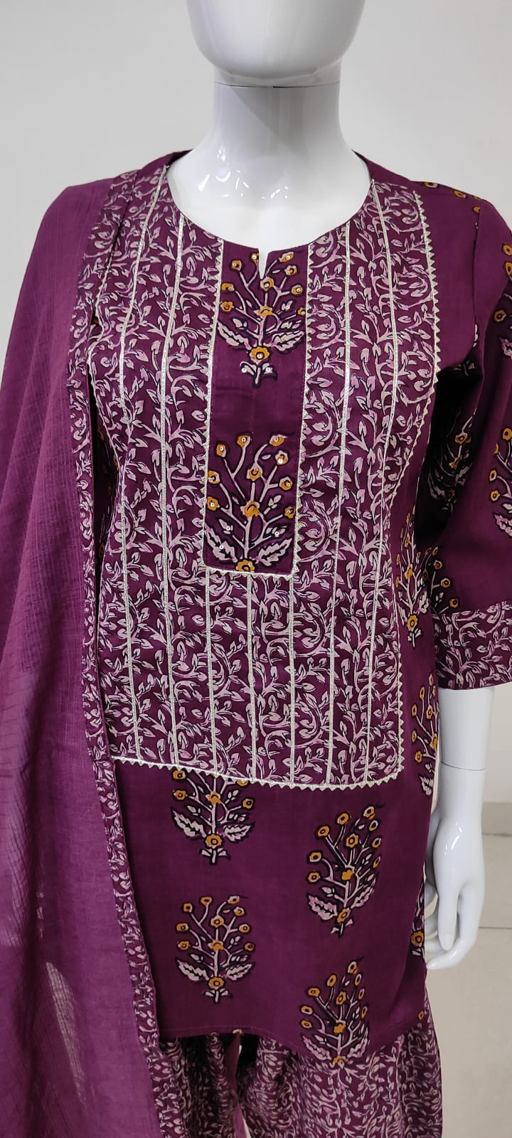 Wine Cotton Straight Suit with Farshi Salwar & Dupatta | Gota Lace Work | Label Anju Kumar