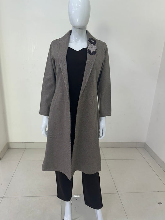 Brown Woollen 3-Piece Winter Dress Set with Tweed Jacket – Women’s Ethnic Wear