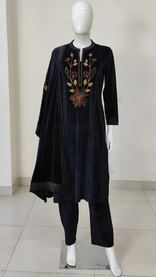 Black Velvet Suit with Trousers & Embroidered Dupatta – Women’s Party & Winter Ethnic Wear | Label Anju Kumar