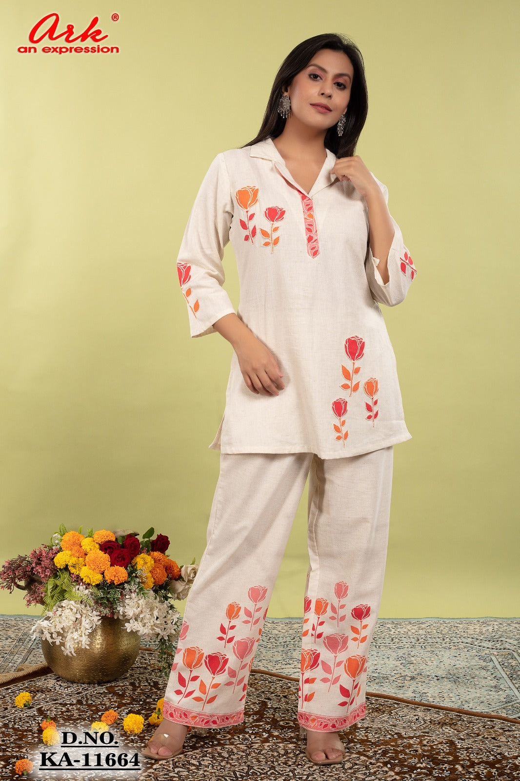 Off White Orange Khadi Cotton Coord Set with Patch Work and Straight Trousers