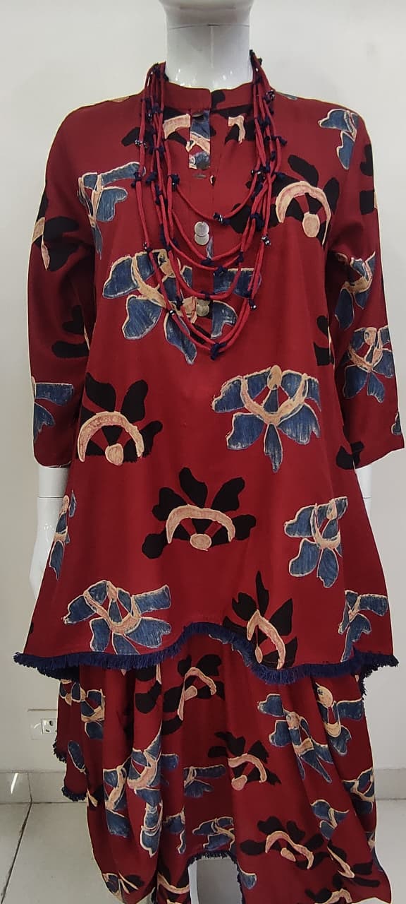 Red Modal Rayon Indo-Western One Piece Long Dress with Handmade Necklace