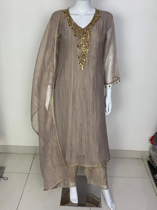 Mouse Salsa Tissue Semi Formal Suit Dupatta Set for Women | Handwork Neck